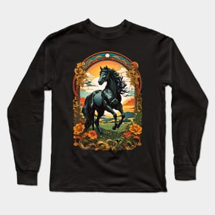 Black Horse Stallion Sunset retro vintage floral design Long Sleeve T-Shirt